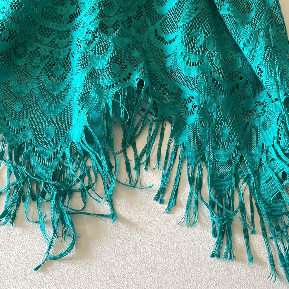 Gianni Bini Teal Green Lace Sleeveless Dress with Fringe Hem Women's Size Large - Picture 4 of 10